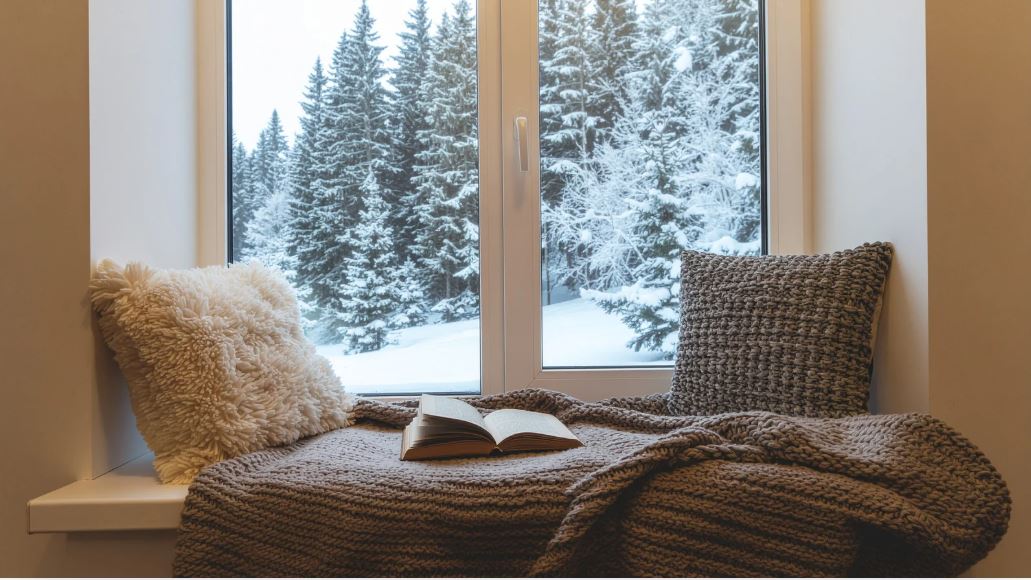 Cosy window seat with soft cushions, textured throw, open book, and snowy forest view creating a calm, winter retreat.