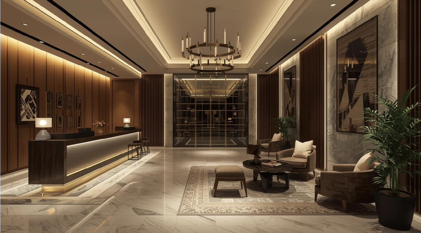 Elegant hotel lobby interior featuring a marble floor, warm wood panelling, a modern reception desk, soft lounge seating, large framed artwork, and layered lighting with recessed ceiling lights and a contemporary chandelier.