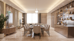 A contemporary dining room with a long dining table, upholstered chairs, built-in shelving with decorative objects, soft ambient lighting, neutral wall finishes, and a refined symmetrical layout.