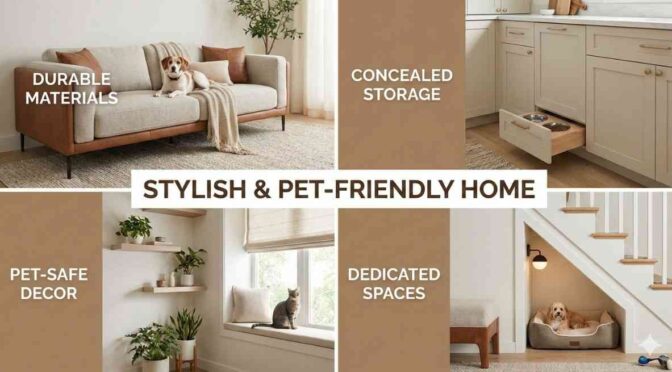 Modern pet-friendly home interior featuring durable sofa, concealed pet storage, pet-safe decor, and a dedicated under-stair pet bed.