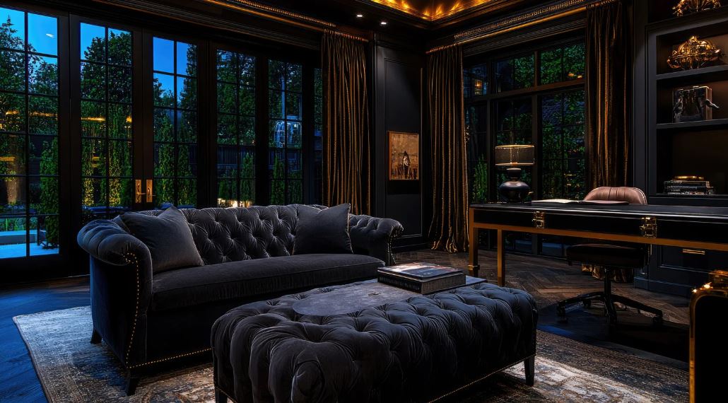 Luxurious home office and lounge with deep tufted sofa, rich dark tones, warm lighting, and floor-to-ceiling windows creating an intimate, elegant atmosphere.