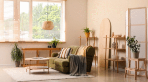 A cosy living room with a green sofa, layered textiles, wooden shelving units, potted plants, soft natural light from a large window, and light neutral walls.