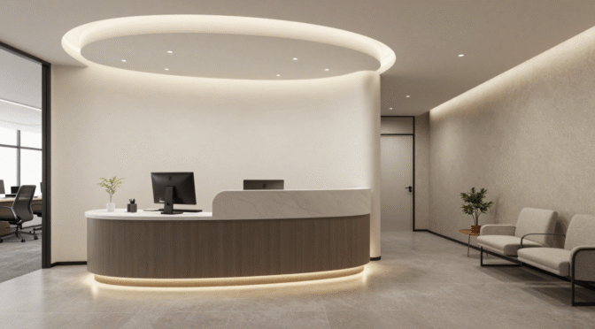 Modern reception area with a curved marble‑top desk, LED circular ceiling light, two beige lounge chairs and a small potted plant.