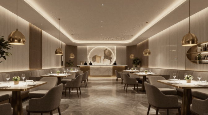Elegant restaurant interior with beige upholstered tables and chairs, gold pendant lights, marble reception counter with circular decorative panel, and soft ambient lighting.