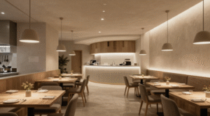 Modern minimalist restaurant interior with wooden tables, beige upholstered chairs, pendant lighting, and a curved white counter in the background.
