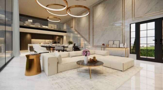 Luxurious modern living room with cream sectional sofa, gold-ring ceiling lights, marble walls, and mezzanine workspace.