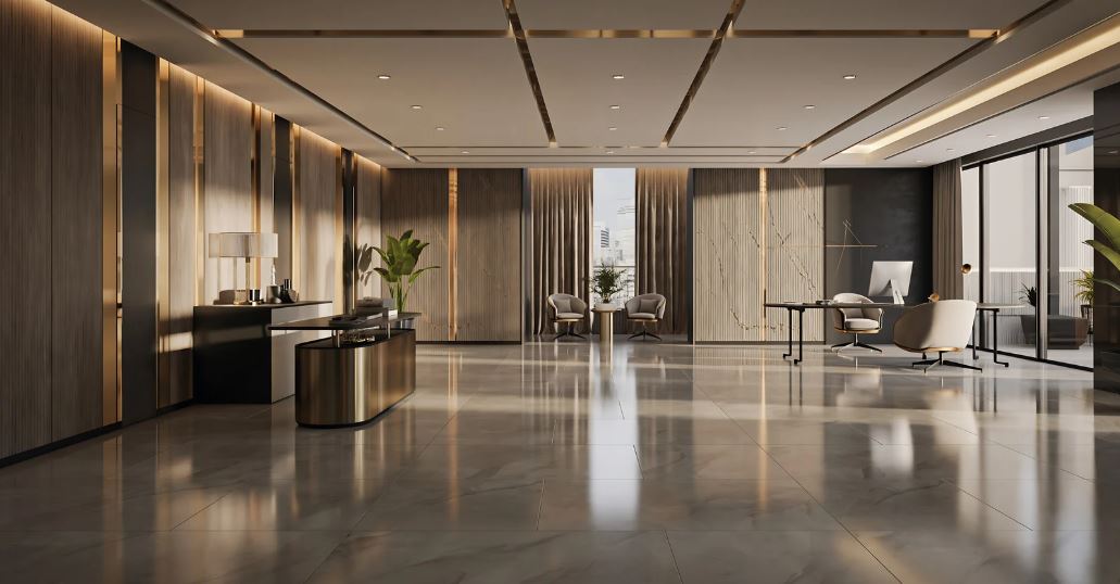 Luxury contemporary lobby interior with marble flooring, sleek wood panelling, refined lighting, and minimalist furnishings creating an elegant, spacious atmosphere.