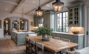 A classic farmhouse-style kitchen with a large wooden dining table, soft green cabinetry, lantern-style pendant lights, exposed ceiling beams, and a spacious island.