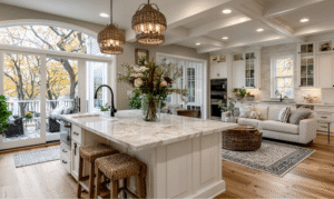 A bright, open-plan kitchen and living area with a large marble island, woven pendant lights, white cabinetry, wooden flooring, and cosy seating near large windows.