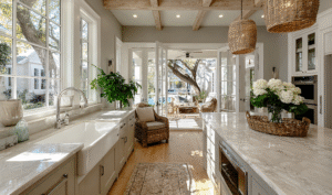 A bright, airy kitchen with white cabinetry, a large island, farmhouse sink, woven pendant lights, natural wood beams, and expansive windows opening to a sunlit outdoor view.
