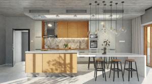 A contemporary kitchen with a large island, light wood cabinetry, marble backsplash, bar stools, pendant lighting, and a clean, minimalist layout with soft natural light.