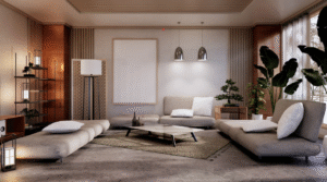 A minimalist living room with low-profile modular seating, neutral upholstery, a central coffee table, soft ambient lighting, indoor plants, and textured wall panels in warm tones.