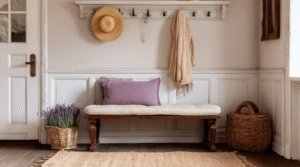 A cosy entryway featuring a wooden bench with a cushioned seat and lavender pillow, wall-mounted coat hooks with a hat and scarf, woven storage baskets, and soft neutral wall panelling.