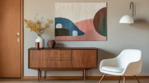 A mid-century modern interior vignette with a wooden sideboard, abstract wall art, a white accent chair, minimalist pendant light, and decorative vases.