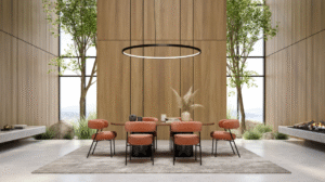 A contemporary dining space with a central wooden table, upholstered dining chairs in warm tones, a circular pendant light, floor-to-ceiling timber wall panels, and large windows with greenery outside.