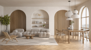 A serene open-plan living and dining area with arched wall niches, soft neutral seating, a wooden dining table with pendant lights, light wood flooring, and abundant natural light.