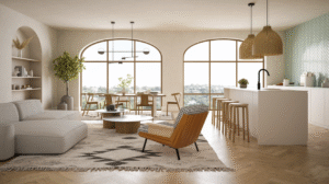A bright open-plan living and kitchen space with arched windows, a white kitchen island with bar stools, soft neutral furnishings, pendant lights, and abundant natural light.