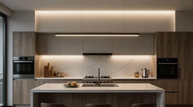Modern minimalist kitchen with light wood cabinets, white marble backsplash, island with sink and fruit bowl, under‑cabinet and linear pendant lighting.
