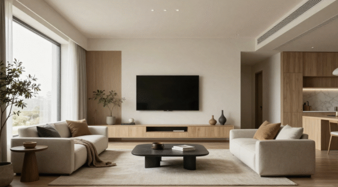 Modern minimalist living room with two white sofas, a black oval coffee table, light wood media console, large floor‑to‑ceiling window and adjacent kitchen with wood cabinets.