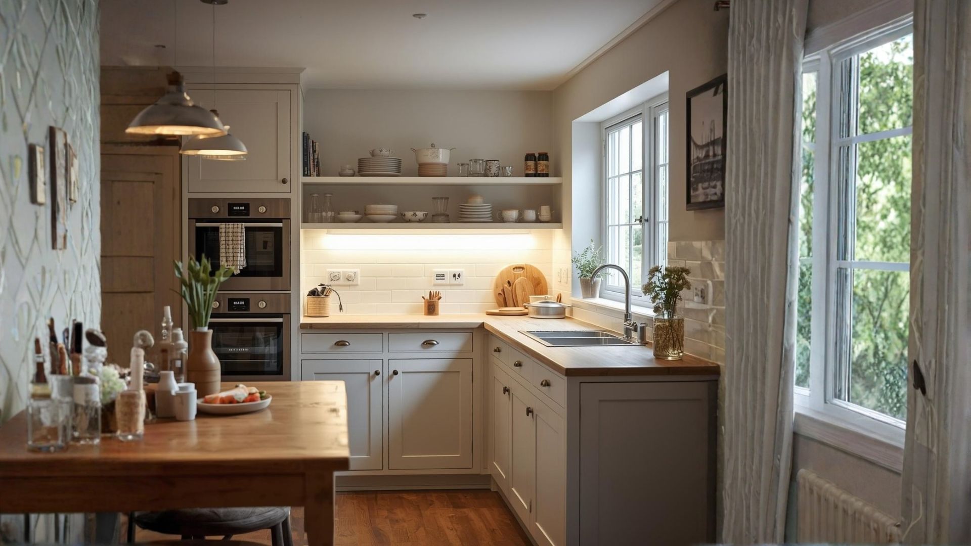 A warm, light‑coloured kitchen with white cabinets, wooden countertops, an integrated sink, stainless‑steel oven, pendant lights, and a wooden dining table set with kitchen accessories.