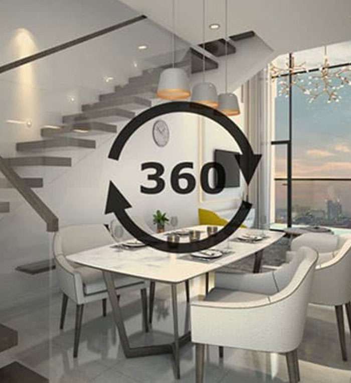 360 degree virtual tour view of modern dining room with marble table and stairs 360 degree virtual tour view of modern dining room with marble table and stairs