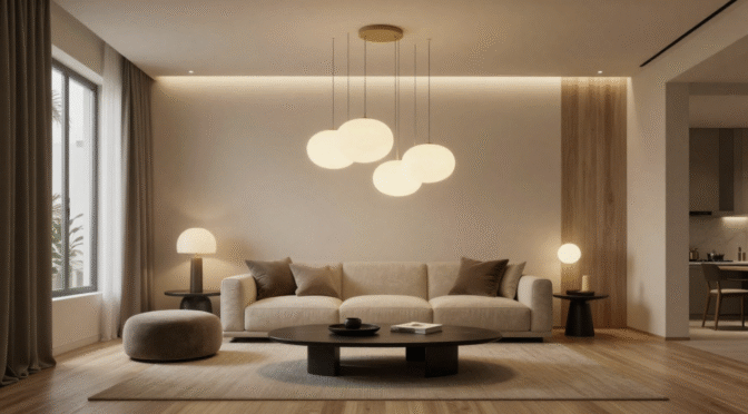 Minimalist living room with a beige sofa, dark round coffee table, three cloud‑shaped pendant lights, two small lamps on black side tables, and a beige ottoman on a light wood floor.
