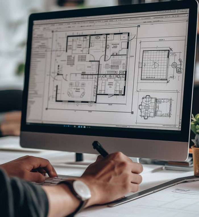 Architect reviewing detailed residential floor plan blueprints on desk
