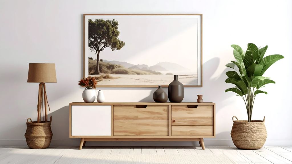 Minimalist living room console with wooden sideboard, framed landscape artwork, ceramic décor, table lamp, and indoor plant in a calm, modern setting.