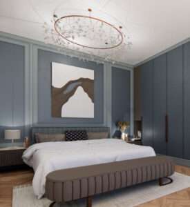 Elegant bedroom with blue walls and modern chandelier