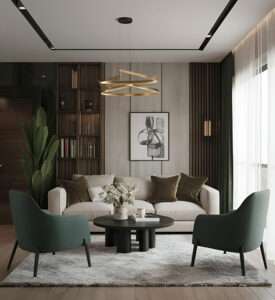 Modern living room lighting design with recessed track lights and pendant chandelier by Oraanj Interior Design