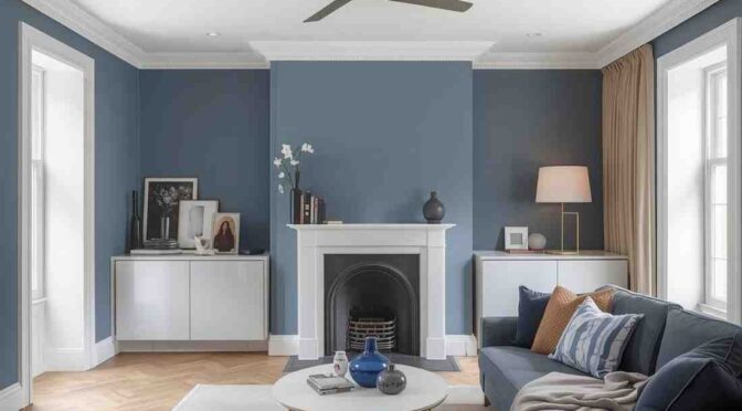 A collection of modern London living rooms showcasing trending 2026 colour schemes, including warm neutrals, deep blues, earthy browns, and bold pink-red lighting.