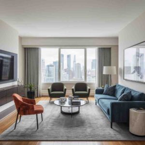 A collection of modern London interiors including a bright living room, a stylish kitchen, a city-view apartment, and an infographic explaining how interior design boosts property value.