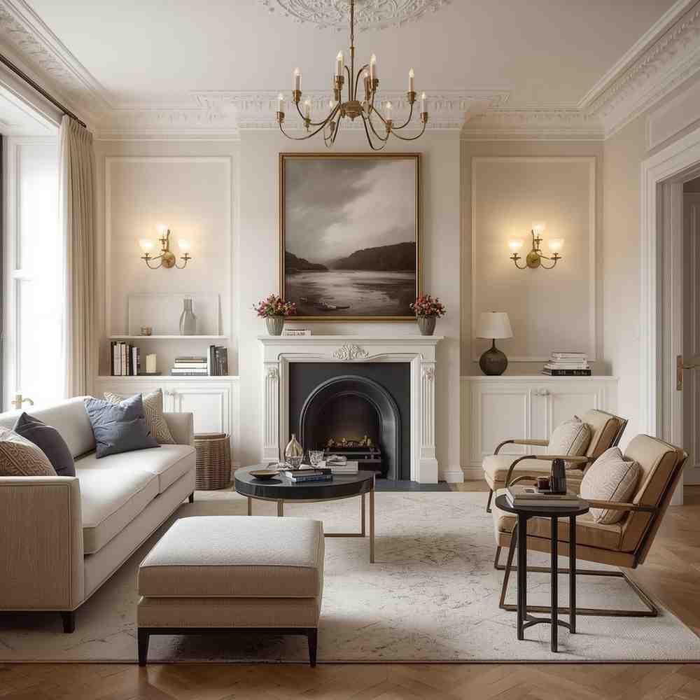 Elegant London interiors featuring updated living room with modern furniture, warm tones, and stylish décor.