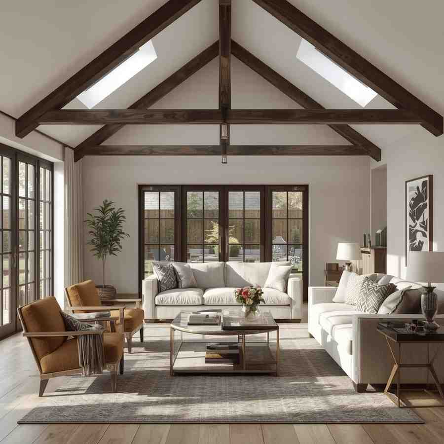 Bright cottage-style living room in London featuring exposed wooden beams, neutral sofas, mustard armchairs, and large windows letting in natural light. Bright cottage-style living room in London featuring exposed wooden beams, neutral sofas, mustard armchairs, and large windows letting in natural light.