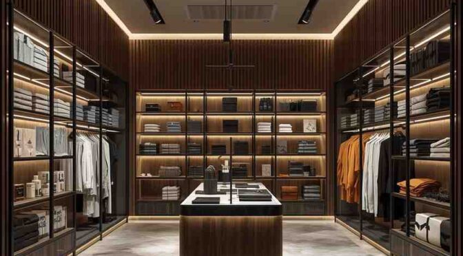 Modern retail interiors in London featuring organized clothing displays, warm lighting, and strategic layouts designed to enhance customer flow and sales.