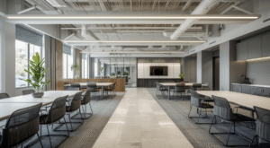 A spacious modern office collaboration area with long shared tables, grey chairs, linear ceiling lights, exposed services, neutral finishes, and indoor plants arranged along a central circulation path.