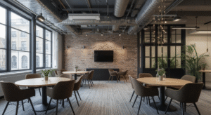 A modern industrial-style office breakout area with round tables, upholstered chairs, exposed brick walls, visible ductwork, large windows, indoor plants, and a wall-mounted screen.