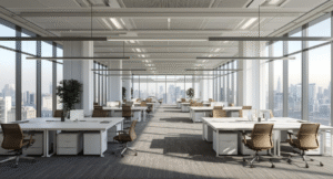 A bright open-plan office with rows of white workstations, ergonomic task chairs, linear pendant lights, floor-to-ceiling windows, and expansive city skyline views.