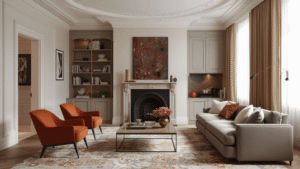 A contemporary living room with a central fireplace, neutral sofa, burnt-orange accent chairs, built-in shelving, soft curtains, and a patterned area rug in warm tones.