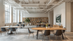 A bright, modern office lounge with round and rectangular tables, mixed seating, open shelving along the back wall, exposed ceiling services, indoor plants, and large industrial-style windows.
