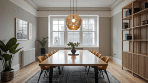 A bright, minimalist dining room with a long wooden table, matching chairs, a woven pendant light, light grey walls, built-in shelving, indoor plants, and large windows letting in natural light.