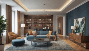 A contemporary living room with a blue upholstered sofa, accent chairs, a round ottoman, built-in wooden bookshelves, layered ceiling lighting, and a textured area rug.