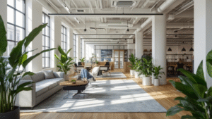 A bright open-plan office lounge with a sofa, coffee table, large indoor plants, white columns, exposed ceilings, and expansive windows flooding the space with natural light.