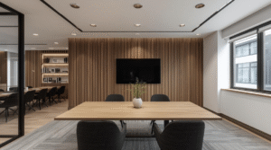 A contemporary meeting room with a wooden conference table, upholstered chairs, vertical timber wall panelling, recessed ceiling lights, a wall-mounted screen, and a window providing natural light.