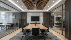 A modern boardroom with a long wooden conference table, black executive chairs, glass-partitioned walls, integrated ceiling lighting, wood slat ceiling detail, and a wall-mounted display screen.