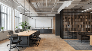 A modern office meeting space with a long wooden table, ergonomic task chairs, exposed ceiling services, large windows, indoor plants, a presentation screen, and a semi-enclosed lounge area with shelving.