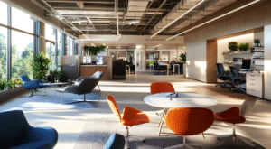 A modern open-plan office lounge with round tables, orange and blue lounge chairs, open workstations in the background, indoor plants, and large windows providing natural daylight.