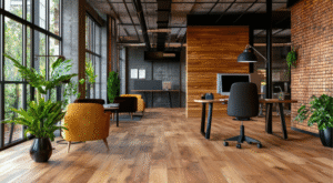 An industrial-style office interior with exposed brick walls, timber flooring, black metal-framed windows, modern workstations, lounge seating, and abundant indoor plants.