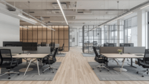 A contemporary open-plan office with shared workstations, ergonomic task chairs, glass-partitioned rooms, light wood flooring, neutral finishes, and linear ceiling lighting.