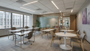 A contemporary office collaboration space with round and rectangular tables, wooden chairs, ceiling-mounted linear lights, large windows, glass partitions, and neutral-toned finishes.
